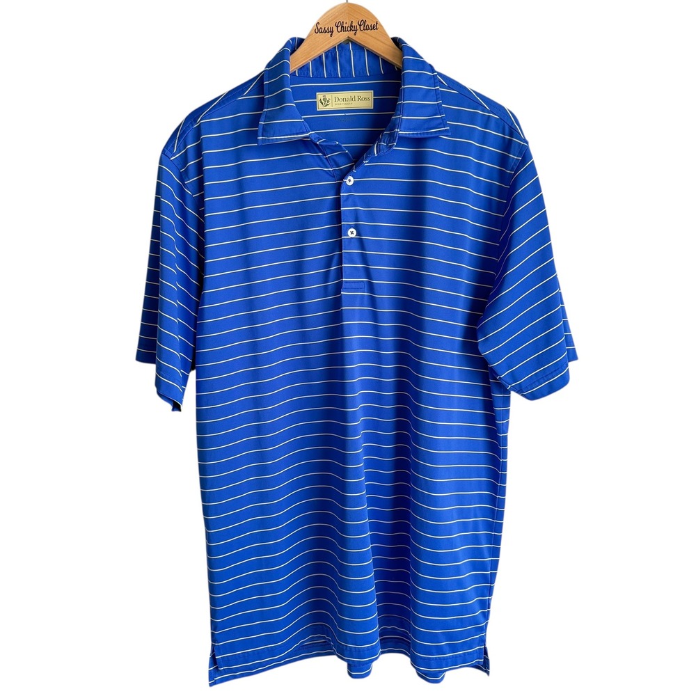DONALD ROSS Sportswear Blue and Pale Yellow Striped‎ Mens Golf Polo, L